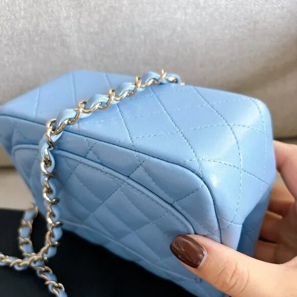 98% NEW CHANEL LAMB SKIN BABY BLUE SQUARE FLAP BAG - Picture 11 of 15